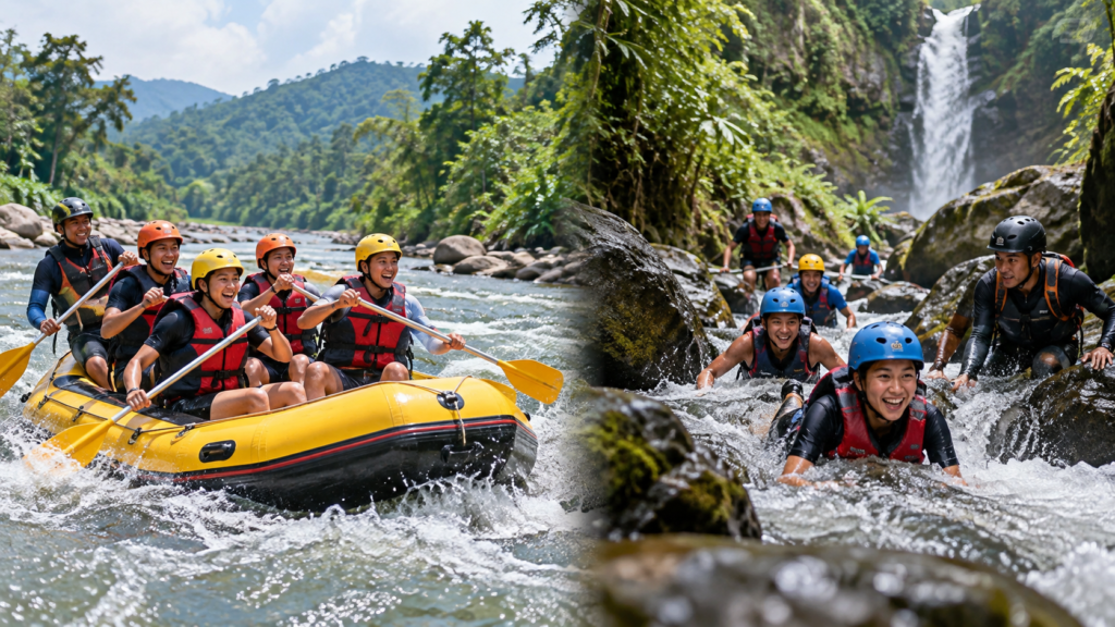 Perbandingan rafting Cisadane dengan body rafting Curug Naga di Bogor, menampilkan rombongan menggunakan perahu karet dan peserta body rafting di jalur sungai berbatu