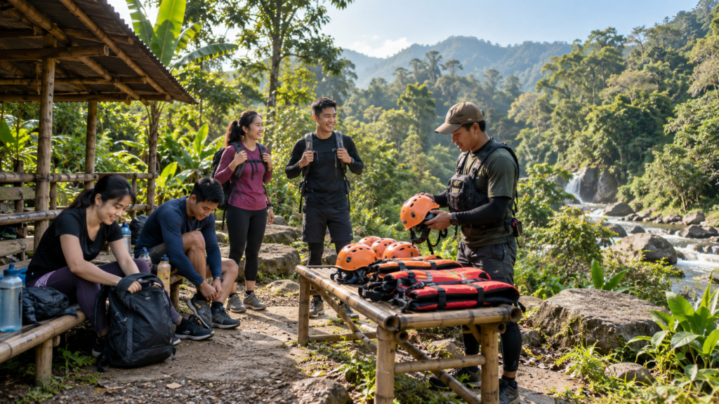 Persiapan peserta Jelajah 2 Curug sebelum body rafting Curug Naga di Megamendung Bogor bersama pemandu