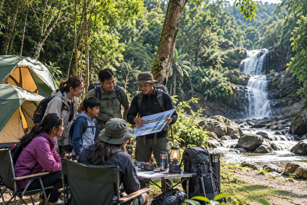 Peserta camping Curug Naga 2H1M di Megamendung Bogor bersiap mengikuti jelajah tiga curug bersama guide