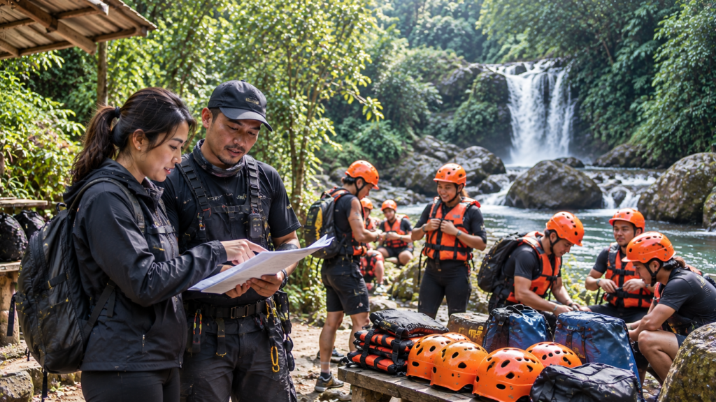 Koordinator Corporate Gathering Curug Naga menyusun rundown bersama pemandu sebelum peserta melakukan team building, river trekking, dan body rafting di Megamendung Bogor