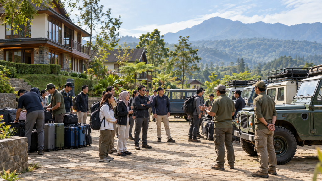 Koordinator HR GA dan peserta outing perusahaan di Bogor bersiap untuk program outbound hari pertama dan offroad Land Rover hari kedua dalam paket 2D1N