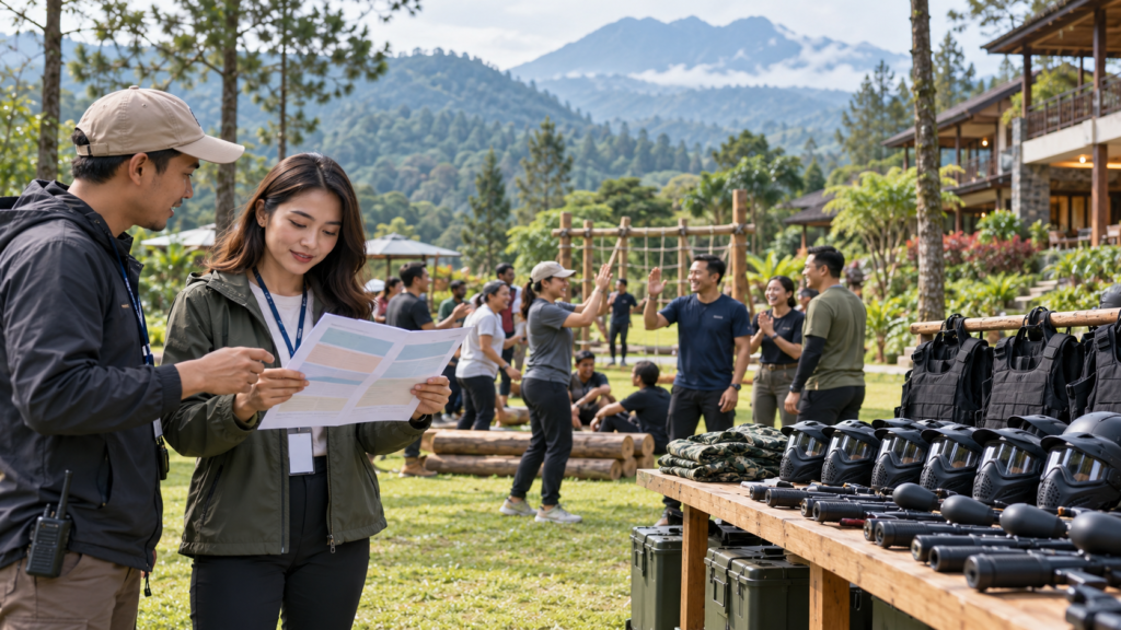 Koordinator HR dan GA meninjau rundown outbound hari pertama dan paintball hari kedua pada kegiatan outing perusahaan 2D1N di Bogor.