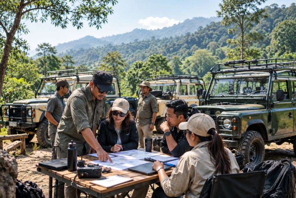 Panitia perusahaan menyusun rundown outing offroad Bogor 1 hari dengan pembagian Land Rover 4x4