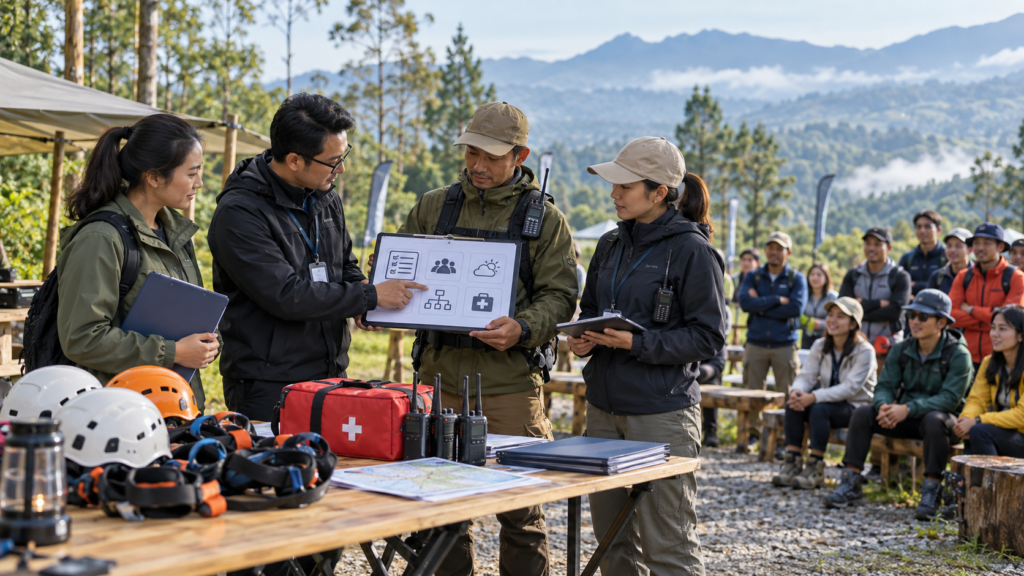 Briefing safety outing kantor perusahaan di area pegunungan Bandung dengan panitia HR/GA, koordinator acara, dan operator aktivitas yang memeriksa kesiapan peserta, SOP, perlengkapan keselamatan, dan dokumen asuransi sebelum program outdoor dimulai.