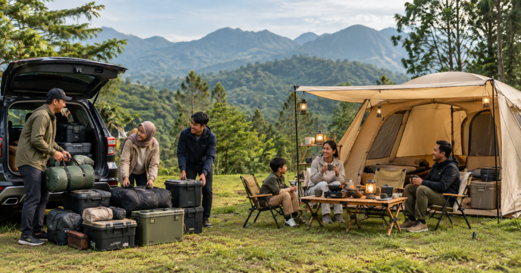 Keluarga dan grup membandingkan sewa tenda dengan membawa perlengkapan camping sendiri di kawasan Puncak Bogor