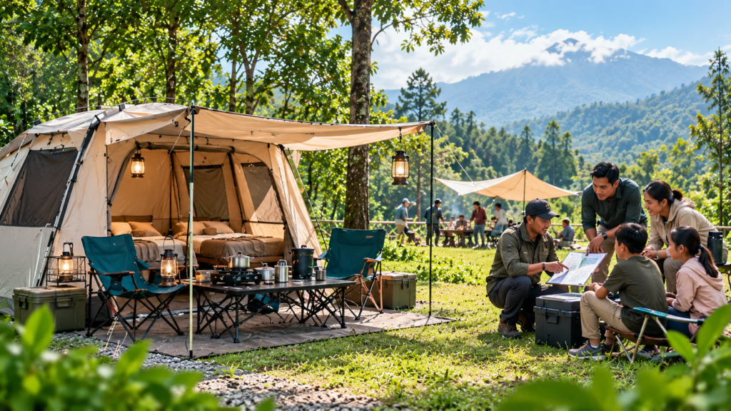 Perbandingan sewa tenda dan paket camping all-in di Puncak Bogor untuk keluarga, komunitas, dan grup dengan setup perlengkapan camping lengkap.