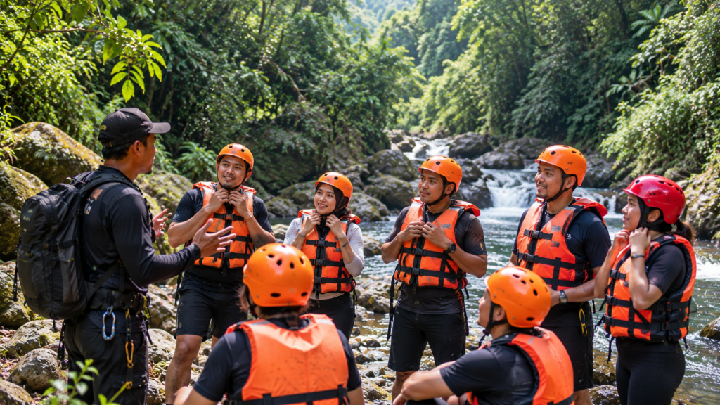 Peserta Corporate Gathering Curug Naga mengikuti briefing pemandu dengan helm dan pelampung sebelum river trekking dan body rafting di Megamendung Bogor