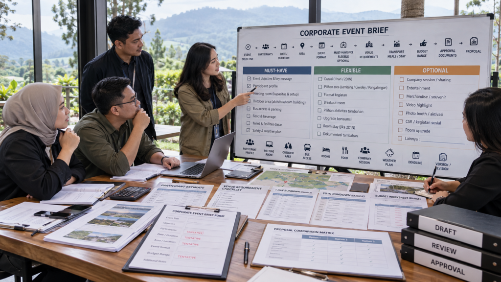 Tim HR GA menyusun brief corporate event di Bandung dengan objective acara, jumlah peserta, venue, transportasi, konsumsi, budget, dan dokumen approval sebelum meminta proposal.