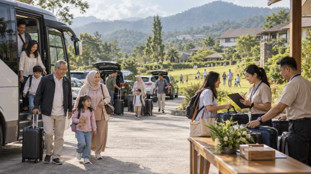 Transport family gathering Puncak Bogor dengan keluarga lintas generasi tiba menggunakan bus rombongan dan kendaraan pribadi di venue 2D1N.