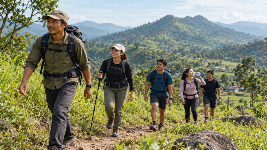 Grup trekking dewasa di Bukit Cisadon Sentul Bogor berjalan bersama guide lokal pada jalur alam hijau dengan pace terkontrol, trekking pole, dan perlengkapan hiking untuk rute 10 km level medium.