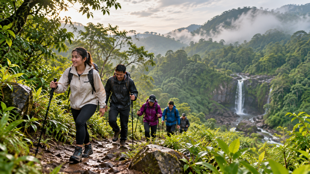 Grup trekking Bukit Paniisan saat hujan di Sentul Bogor berjalan di jalur perbukitan basah dengan trekking pole dan perlengkapan hujan.