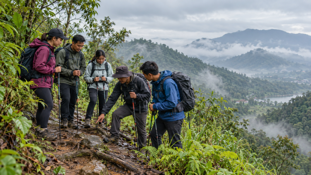 Trekking Cisadon saat hujan di Sentul Bogor dengan peserta dan guide lokal mengecek jalur basah sebelum melanjutkan pendakian.