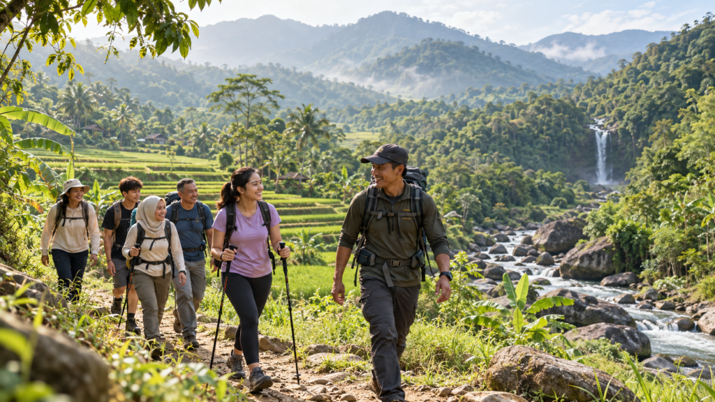 Pemula dan keluarga trekking Curug Bidadari 3,5 KM di Sentul bersama guide lokal melalui persawahan, perkebunan, dan jalur alam.