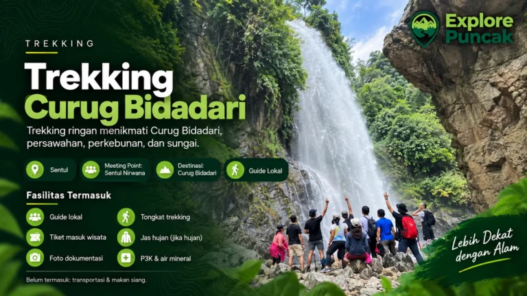 Rombongan trekking bersama guide lokal menikmati Curug Bidadari di Sentul Bogor dalam paket trekking Explore Puncak dengan jalur alam, persawahan, perkebunan, dan sungai.
