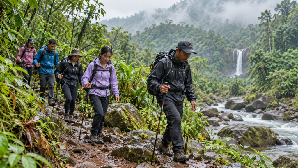 Peserta trekking Curug Bidadari saat hujan berjalan bersama guide lokal di jalur basah dekat sungai di Sentul Bogor dengan perlengkapan trekking dan jas hujan.