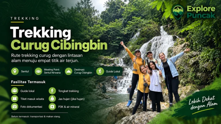 Rombongan trekking Curug Cibingbin di Sentul Bogor bersama guide lokal dengan latar air terjun dan jalur alam