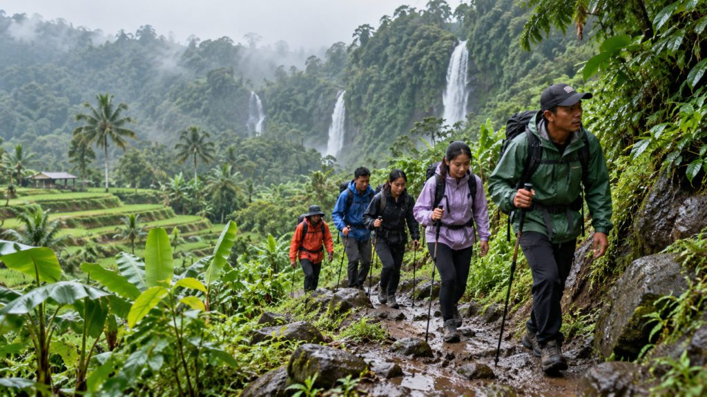 Rombongan trekking Curug Cibingbin di Sentul Bogor bersama guide lokal berjalan di jalur alam basah saat hujan dengan latar sawah hijau, vegetasi tropis, dan air terjun.