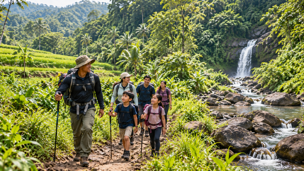 Trekking Curug Cibingbin Sentul untuk pemula dan keluarga bersama guide di jalur alam menuju rangkaian empat curug.