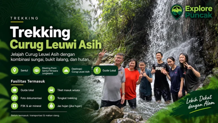 Trekking Curug Leuwi Asih di Sentul Bogor bersama guide lokal, melewati sungai, perbukitan, dan kawasan hutan menuju air terjun.