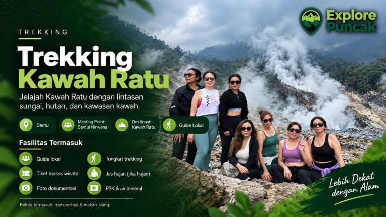Trekking Kawah Ratu Sentul Bogor bersama guide lokal Explore Puncak dengan jalur sungai, hutan, dan kawasan kawah.