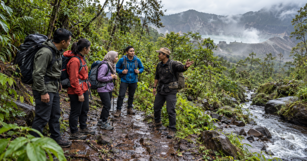 Rombongan dewasa bersama pemandu bersiap trekking di jalur hutan lembap dekat aliran sungai, dengan lanskap kawah di kejauhan