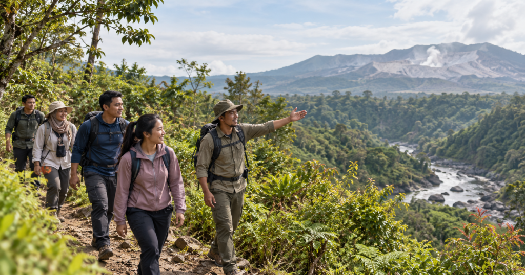Rombongan dewasa bersama pemandu lokal bersiap trekking di jalur hutan basah dekat aliran sungai.