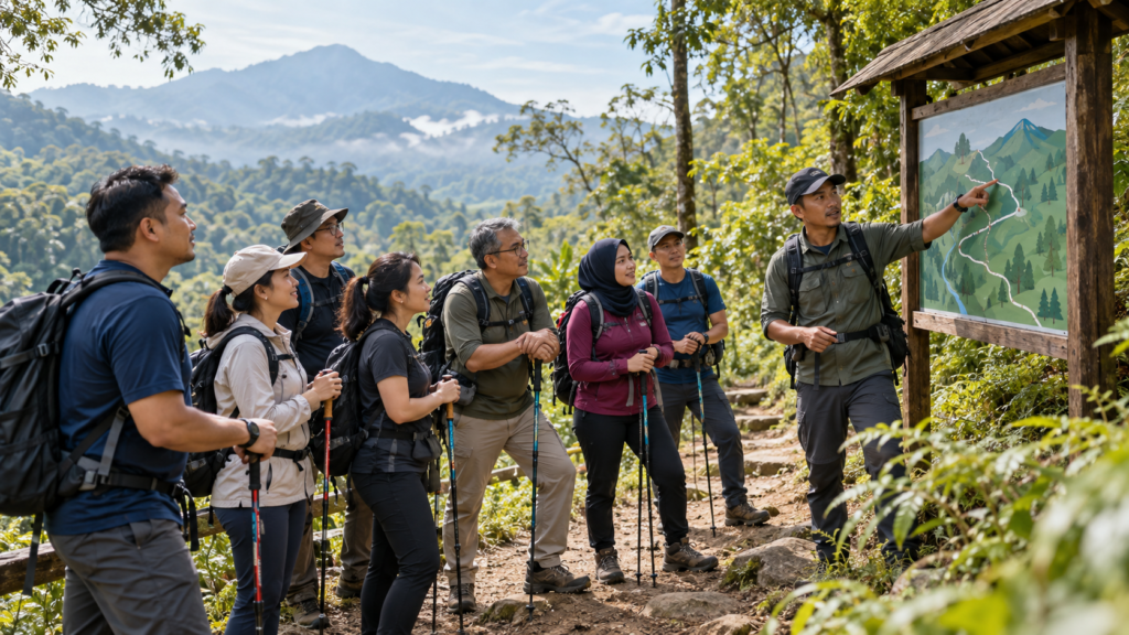 Peserta outing kantor mengikuti briefing trekking di Bogor sebelum memulai jalur pendakian ringan