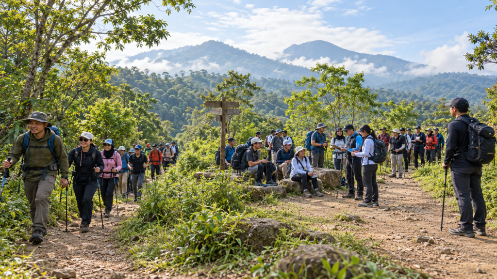 Rombongan perusahaan di Bogor mengikuti trekking dalam beberapa pace group dengan guide, rear control, headcount, dan titik regroup untuk menjaga alur peserta tetap terorganisir.