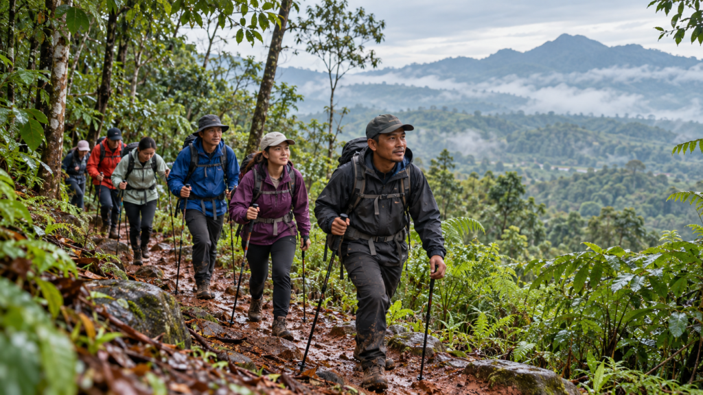 Trekking Sentul saat hujan dengan rombongan dan guide lokal berjalan hati-hati di jalur tanah merah basah kawasan hutan Sentul Bogor.