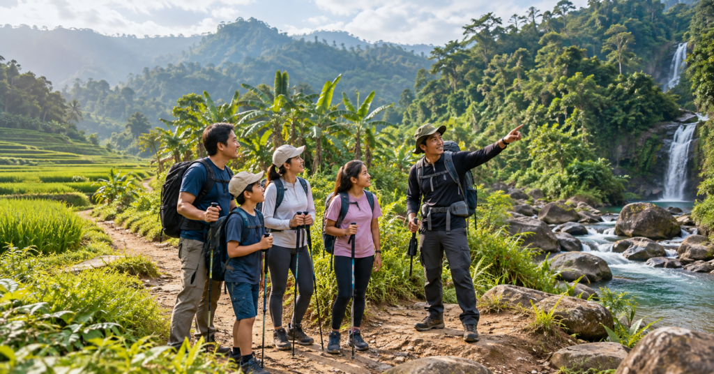 Rombongan keluarga dan pemula trekking di Sentul Bogor bersama guide lokal pada jalur alam menuju area curug dengan suasana sawah, sungai, dan perbukitan hijau.