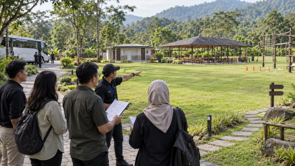 Panitia perusahaan meninjau venue outbound Bogor 1 hari dengan lapangan hijau, akses bus rombongan, area berteduh, dan jalur aktivitas peserta.