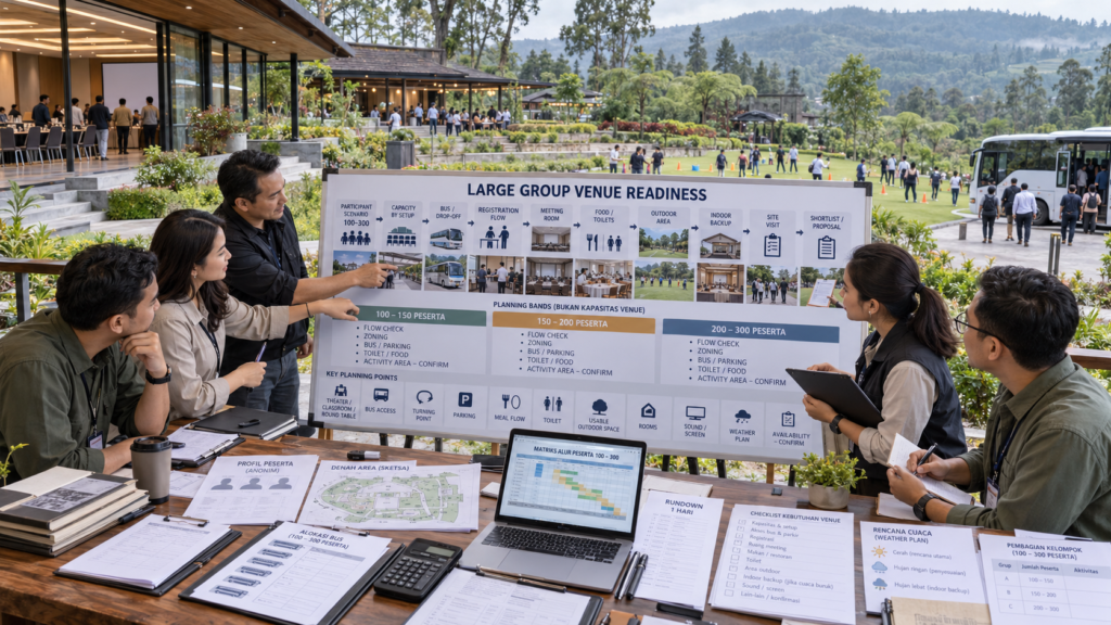 Site visit venue outing Lembang untuk 100–300 peserta dengan tim HR GA mengecek kapasitas, akses bus, meeting room, area outdoor, konsumsi, toilet, dan rencana cuaca.