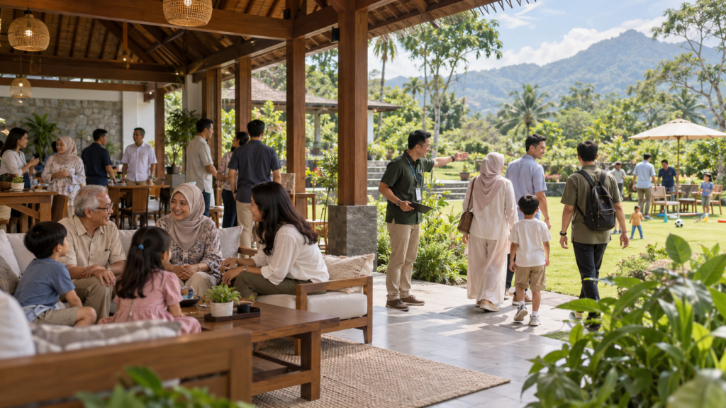 Peserta gathering menggunakan aula villa dan area lapangan untuk sesi indoor dan outdoor