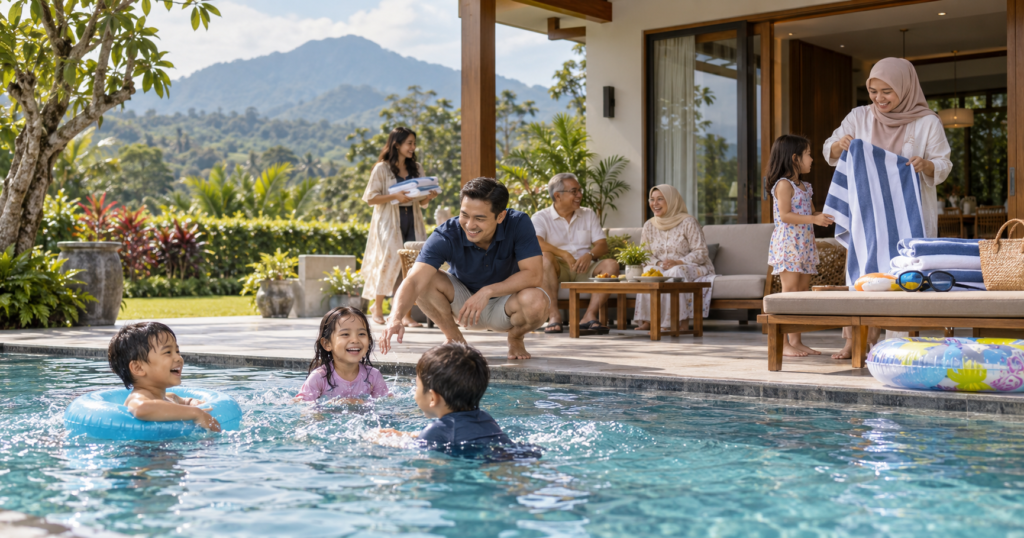 Keluarga besar menikmati private pool villa dengan anak-anak dalam pengawasan orang dewasa