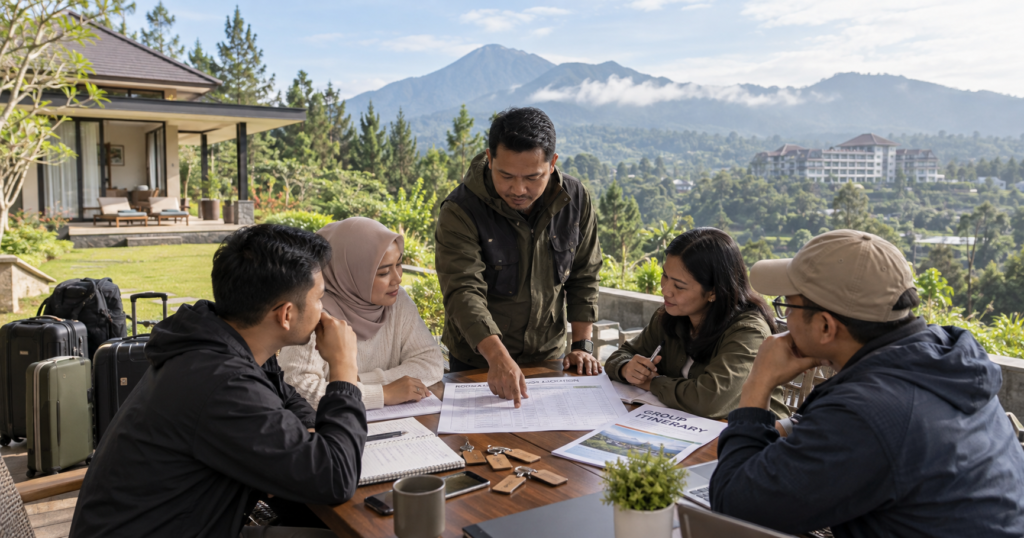 Perencanaan akomodasi rombongan di Puncak Bogor, membandingkan private villa dan hotel untuk grup 30–35 orang di kawasan Cisarua.